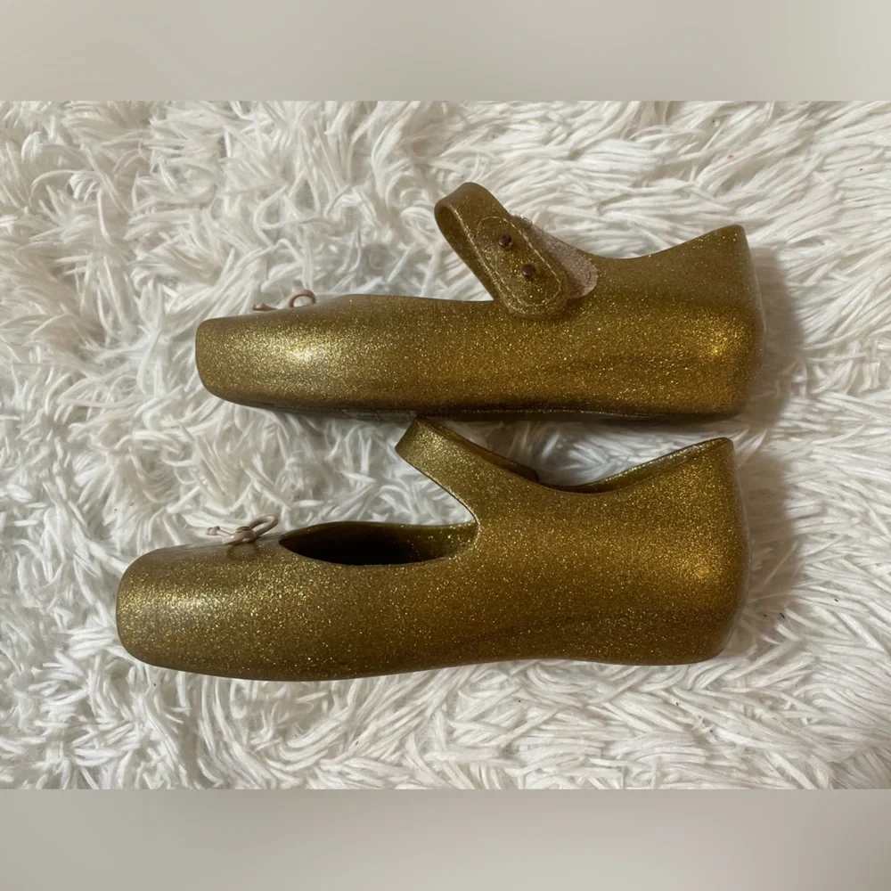 Mini Melissa Mary Jane Ballet Flats Shoes Ballerina Gold Bow Glitter Girls 10 - Picture 3 of 8